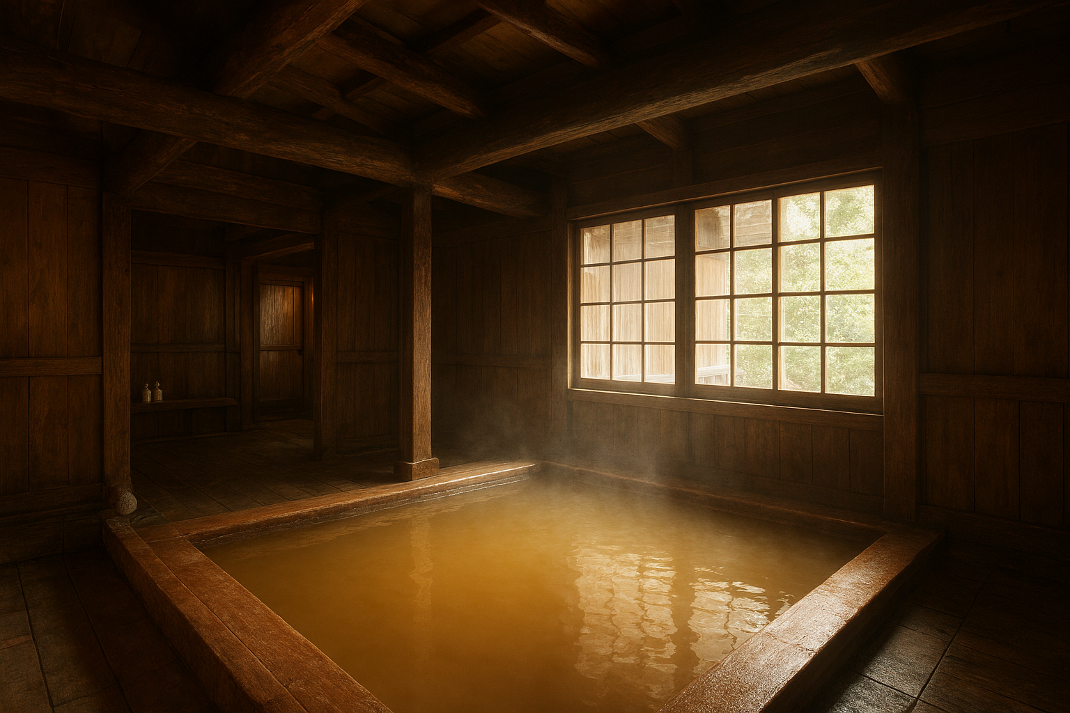 昔ながらの木造温泉宿の内湯に広がる濁り湯（薬湯の雰囲気）