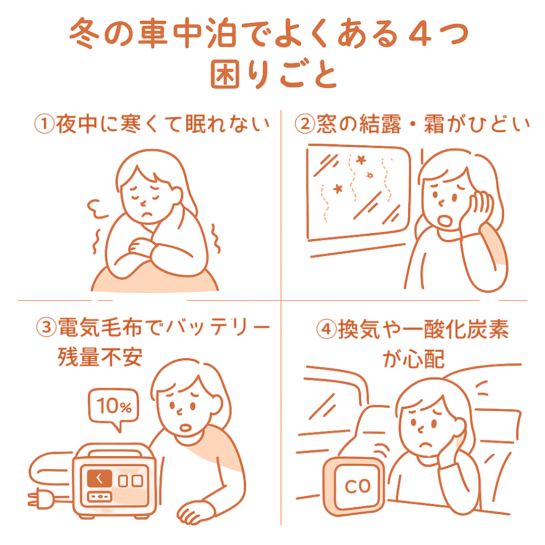 冬の車中泊でよくある4つの困りごと