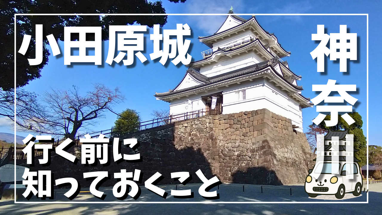 小田原城の天守を石垣下から見上げた写真。高低差と城の構造が分かる構図